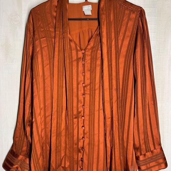 Chico’s rust color blouse‎ button front with scarf, size 2, size 12/14. - Picture 8 of 16